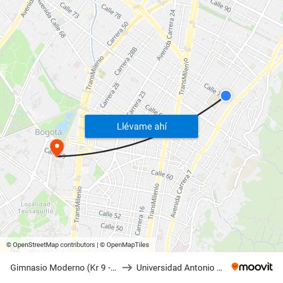 Gimnasio Moderno (Kr 9 - Cl 76) to Universidad Antonio Nariño map