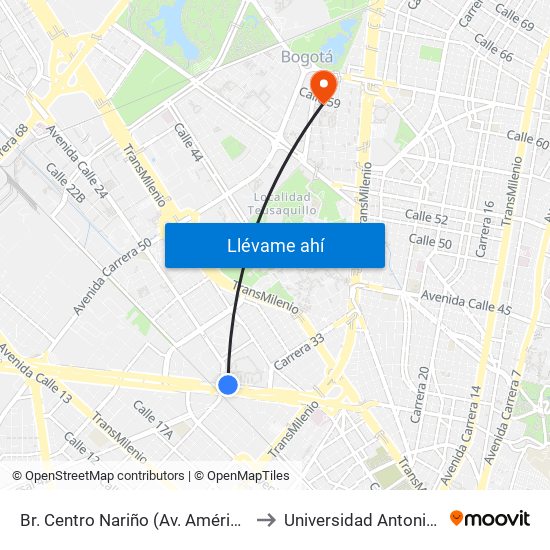 Br. Centro Nariño (Av. Américas - Ak 36) to Universidad Antonio Nariño map