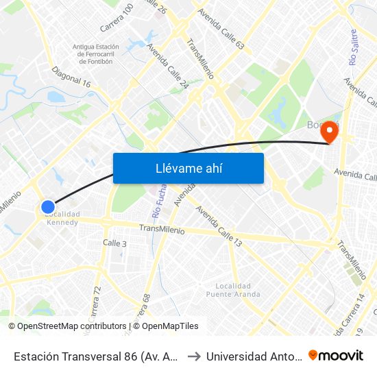 Estación Transversal 86 (Av. Américas - Kr 80c) to Universidad Antonio Nariño map