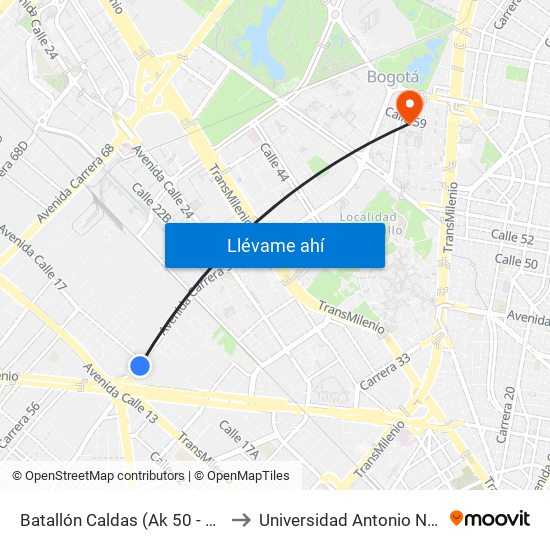 Batallón Caldas (Ak 50 - Cl 15) to Universidad Antonio Nariño map