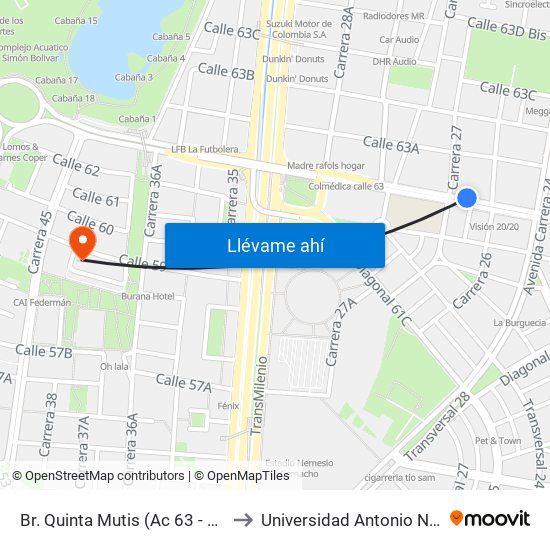 Br. Quinta Mutis (Ac 63 - Kr 26) to Universidad Antonio Nariño map