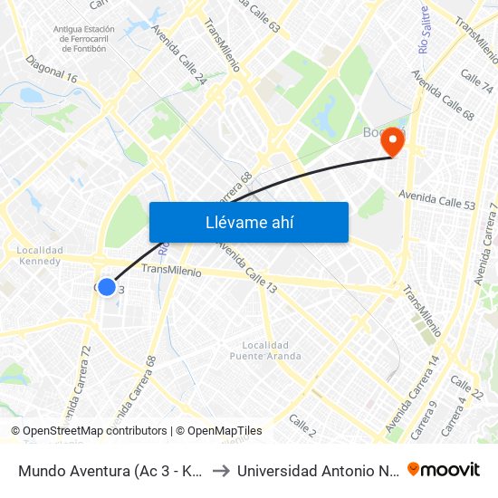 Mundo Aventura (Ac 3 - Kr 71c) to Universidad Antonio Nariño map