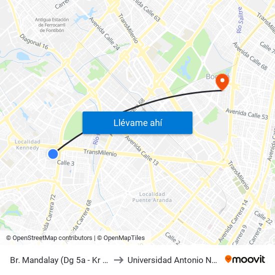 Br. Mandalay (Dg 5a - Kr 72a) to Universidad Antonio Nariño map