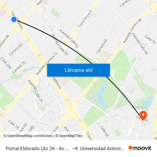 Portal Eldorado (Ac 26 - Av. C. De Cali) to Universidad Antonio Nariño map