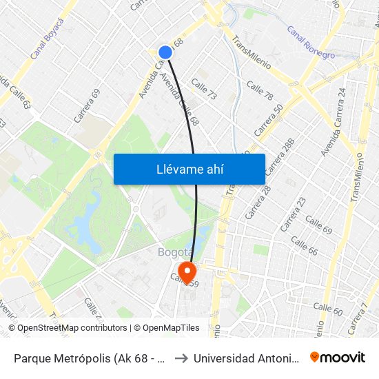 Parque Metrópolis (Ak 68 - Cl 74a) (A) to Universidad Antonio Nariño map