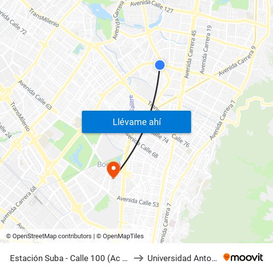 Estación Suba - Calle 100 (Ac 100 - Kr 60) (A) to Universidad Antonio Nariño map