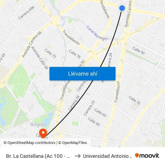 Br. La Castellana (Ac 100 - Kr 45) (A) to Universidad Antonio Nariño map