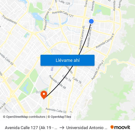 Avenida Calle 127 (Ak 19 - Cl 123) to Universidad Antonio Nariño map
