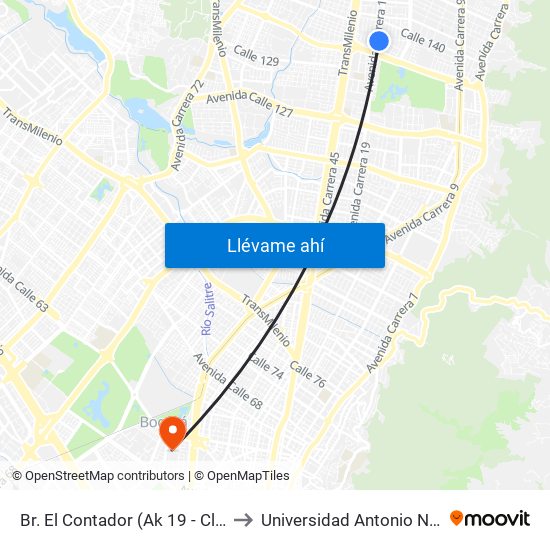 Br. El Contador (Ak 19 - Cl 135) to Universidad Antonio Nariño map