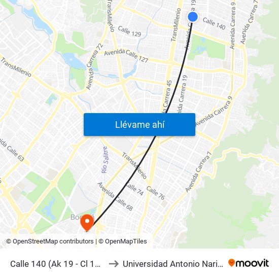 Calle 140 (Ak 19 - Cl 138) to Universidad Antonio Nariño map