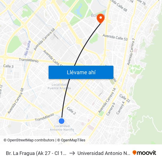 Br. La Fragua (Ak 27 - Cl 14 Sur) to Universidad Antonio Nariño map
