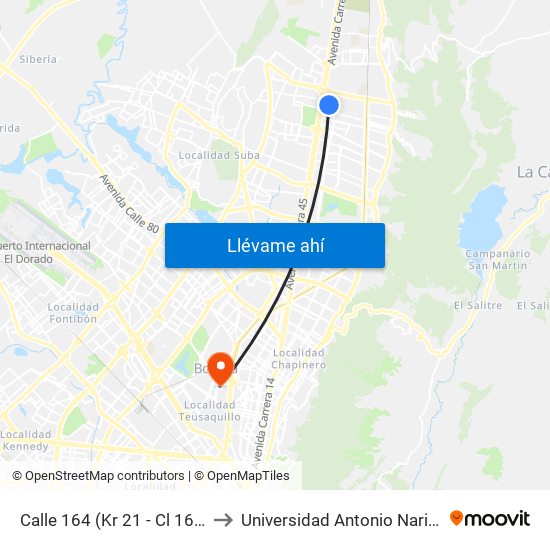 Calle 164 (Kr 21 - Cl 164) to Universidad Antonio Nariño map