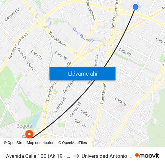 Avenida Calle 100 (Ak 19 - Ac 100) to Universidad Antonio Nariño map
