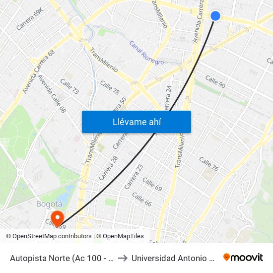 Autopista Norte (Ac 100 - Kr 21) to Universidad Antonio Nariño map