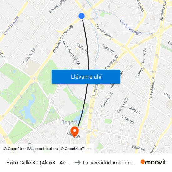 Éxito Calle 80 (Ak 68 - Ac 80) (A) to Universidad Antonio Nariño map