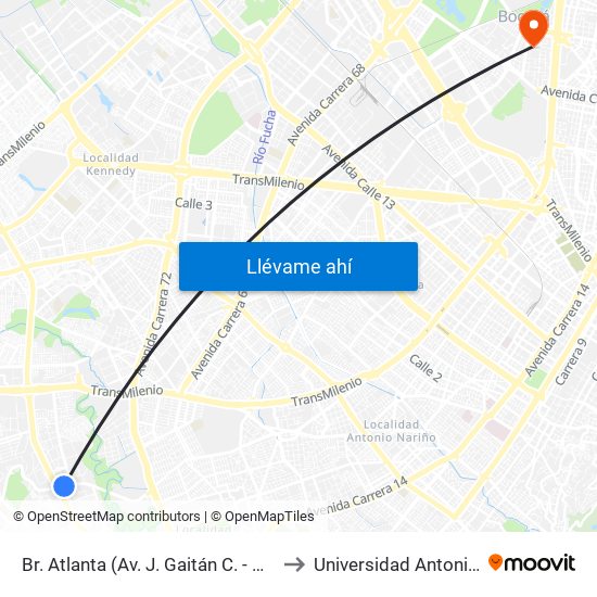 Br. Atlanta (Av. J. Gaitán C. - Av. V/Cio) (A) to Universidad Antonio Nariño map