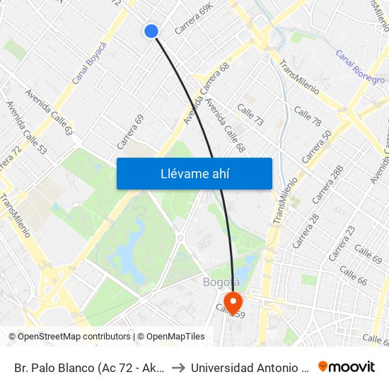 Br. Palo Blanco (Ac 72 - Ak 70) (A) to Universidad Antonio Nariño map