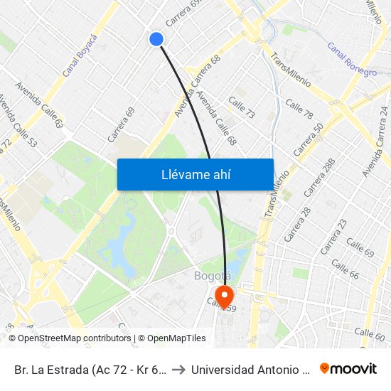 Br. La Estrada (Ac 72 - Kr 69k) (A) to Universidad Antonio Nariño map