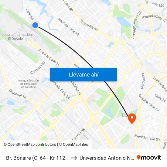 Br. Bonaire (Cl 64 - Kr 112c) (A) to Universidad Antonio Nariño map