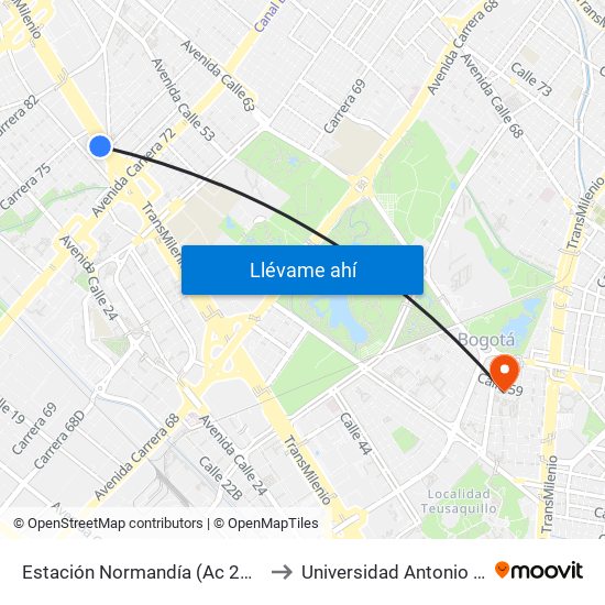 Estación Normandía (Ac 26 - Kr 74) to Universidad Antonio Nariño map