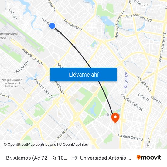 Br. Álamos (Ac 72 - Kr 101a) (A) to Universidad Antonio Nariño map