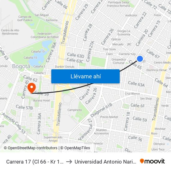 Carrera 17 (Cl 66 - Kr 17) to Universidad Antonio Nariño map