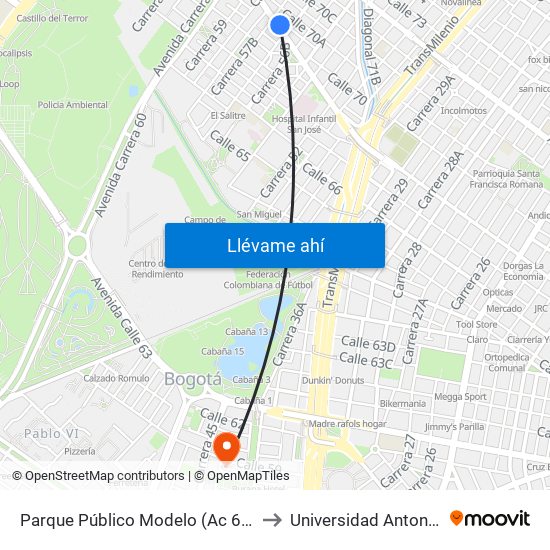 Parque Público Modelo (Ac 68 - Kr 57) (A) to Universidad Antonio Nariño map