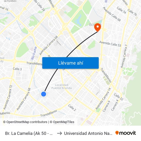 Br. La Camelia (Ak 50 - Cl 1) to Universidad Antonio Nariño map