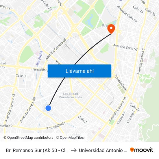 Br. Remanso Sur (Ak 50 - Cl 17 Sur) to Universidad Antonio Nariño map