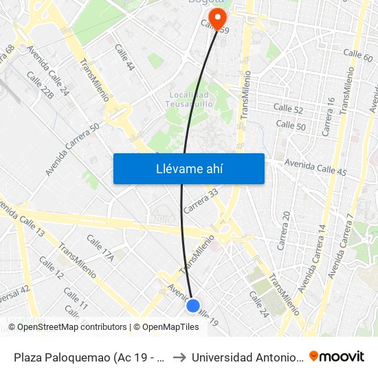 Plaza Paloquemao (Ac 19 - Kr 27) (A) to Universidad Antonio Nariño map