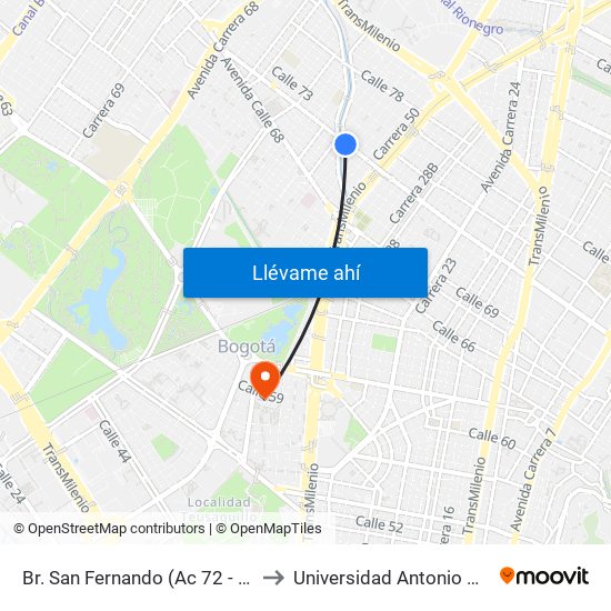 Br. San Fernando (Ac 72 - Kr 53) to Universidad Antonio Nariño map