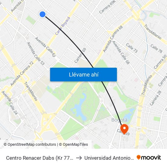 Centro Renacer Dabs (Kr 77a - Cl 64j) to Universidad Antonio Nariño map