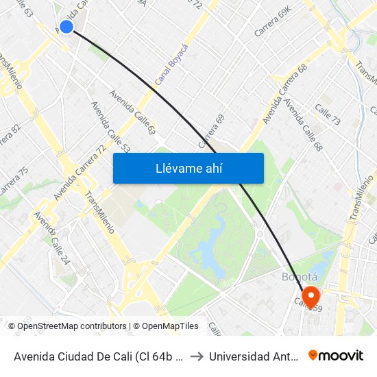 Avenida Ciudad De Cali (Cl 64b Bis - Av. C. De Cali) to Universidad Antonio Nariño map