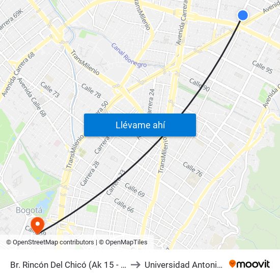 Br. Rincón Del Chicó (Ak 15 - Cl 101) (A) to Universidad Antonio Nariño map