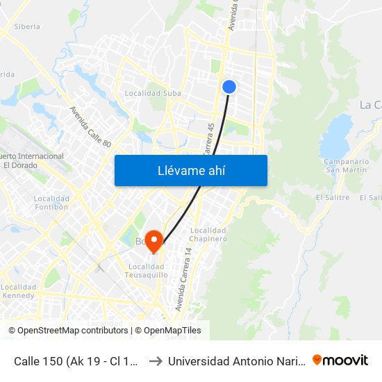 Calle 150 (Ak 19 - Cl 150) to Universidad Antonio Nariño map