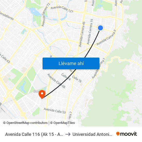 Avenida Calle 116 (Ak 15 - Ac 116) (A) to Universidad Antonio Nariño map