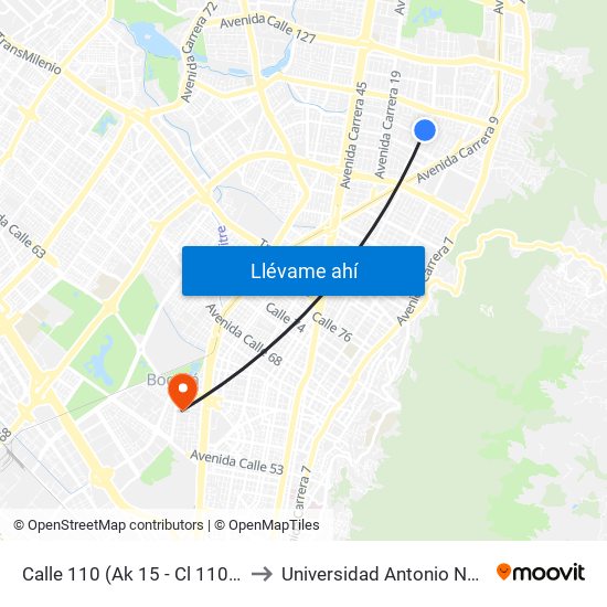 Calle 110 (Ak 15 - Cl 110) (A) to Universidad Antonio Nariño map