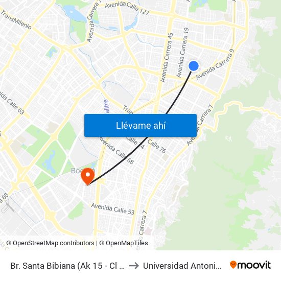 Br. Santa Bibiana (Ak 15 - Cl 105a) (A) to Universidad Antonio Nariño map