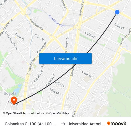 Colsanitas Cl 100 (Ac 100 - Kr 11b) (A) to Universidad Antonio Nariño map