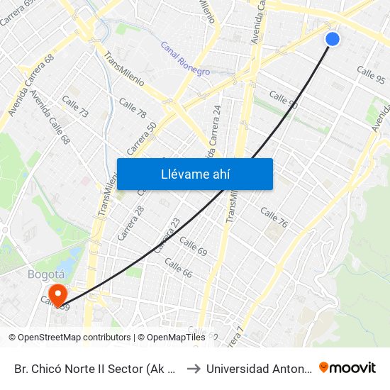 Br. Chicó Norte II Sector (Ak 15 - Cl 97) (A) to Universidad Antonio Nariño map