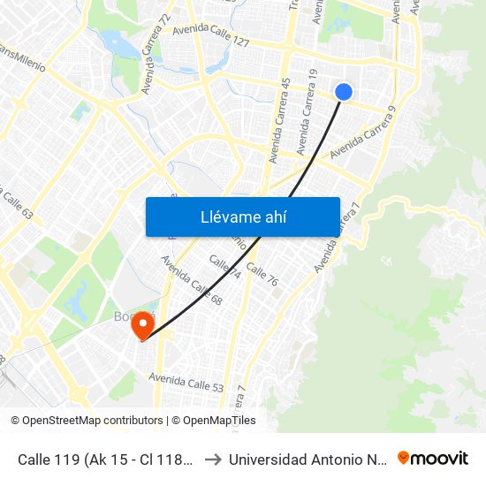 Calle 119 (Ak 15 - Cl 118a) (A) to Universidad Antonio Nariño map