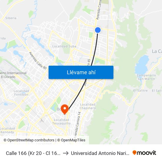 Calle 166 (Kr 20 - Cl 166) to Universidad Antonio Nariño map