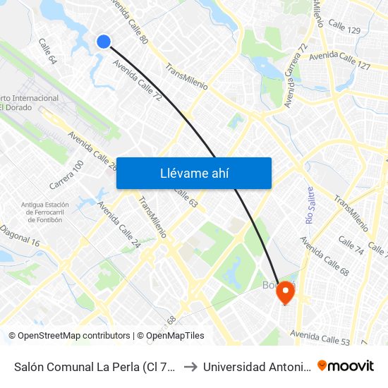 Salón Comunal La Perla (Cl 72f - Kr 111c) to Universidad Antonio Nariño map