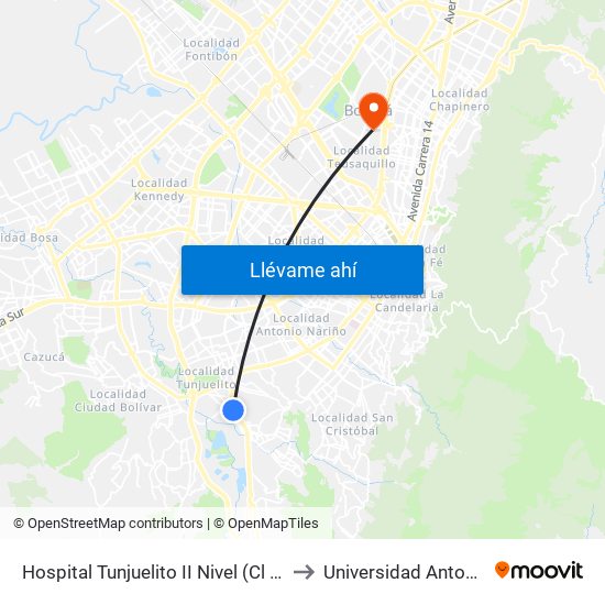 Hospital Tunjuelito II Nivel (Cl 52 Sur - Kr 14) to Universidad Antonio Nariño map