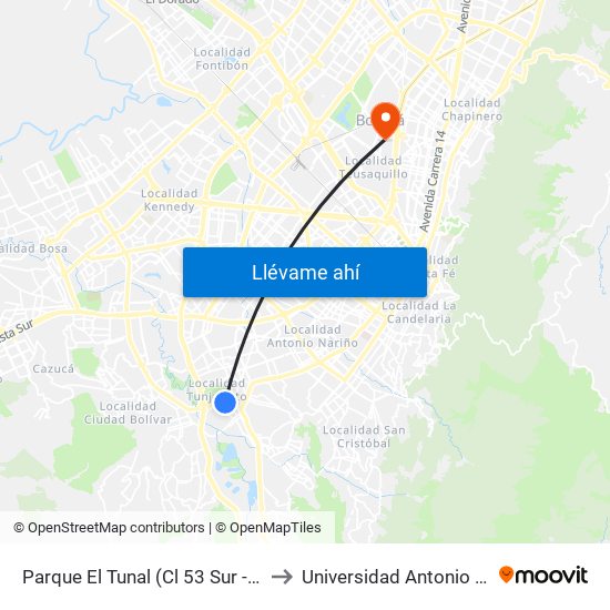 Parque El Tunal (Cl 53 Sur - Kr 19a) to Universidad Antonio Nariño map