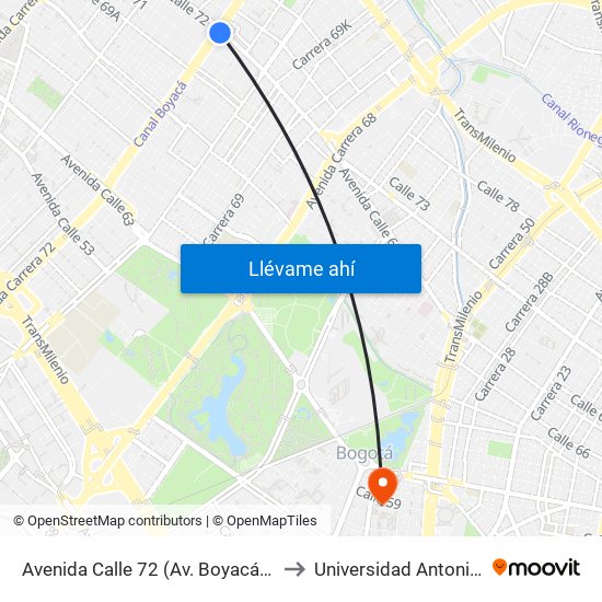 Avenida Calle 72 (Av. Boyacá - Ac 72) (A) to Universidad Antonio Nariño map