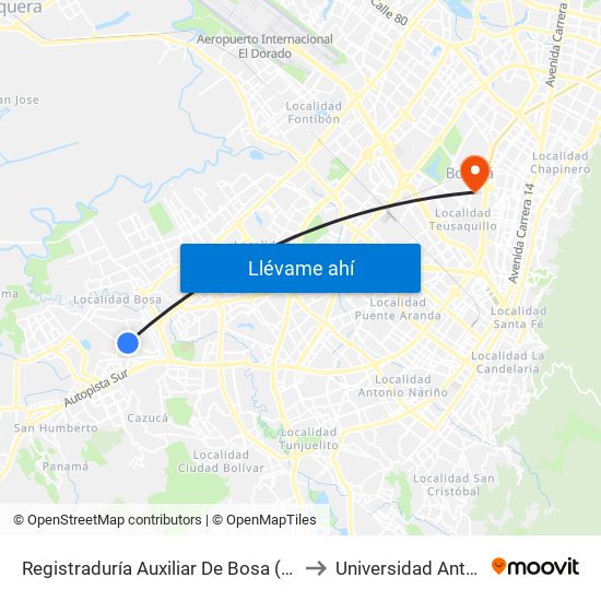 Registraduría Auxiliar De Bosa (Tv 78l - Dg 69c Sur) to Universidad Antonio Nariño map