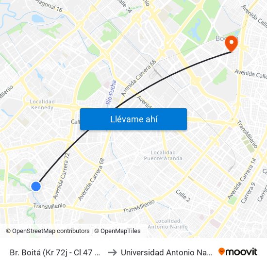 Br. Boitá (Kr 72j - Cl 47 Sur) to Universidad Antonio Nariño map