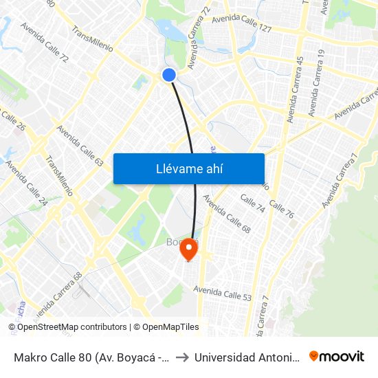 Makro Calle 80 (Av. Boyacá - Ac 80) (A) to Universidad Antonio Nariño map