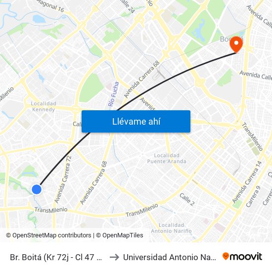 Br. Boitá (Kr 72j - Cl 47 Sur) to Universidad Antonio Nariño map